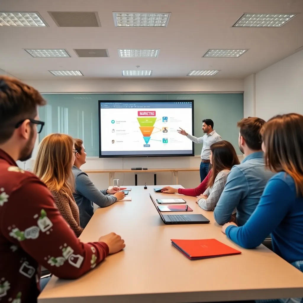 Маркетолог анализирует данные рекламных кампаний на компьютере с графиками и диаграммами