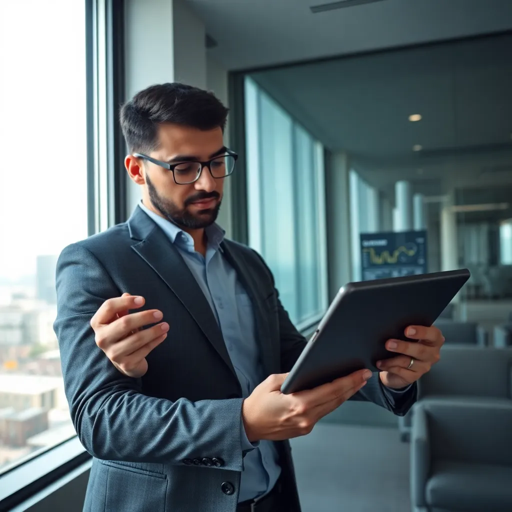 Бизнесмен изучает аналитику рекламных кампаний на планшете