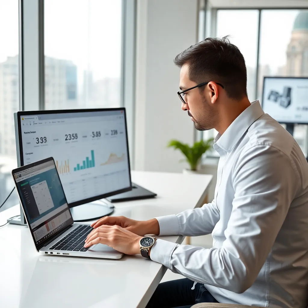 Маркетолог анализирует данные рекламных кампаний на компьютере