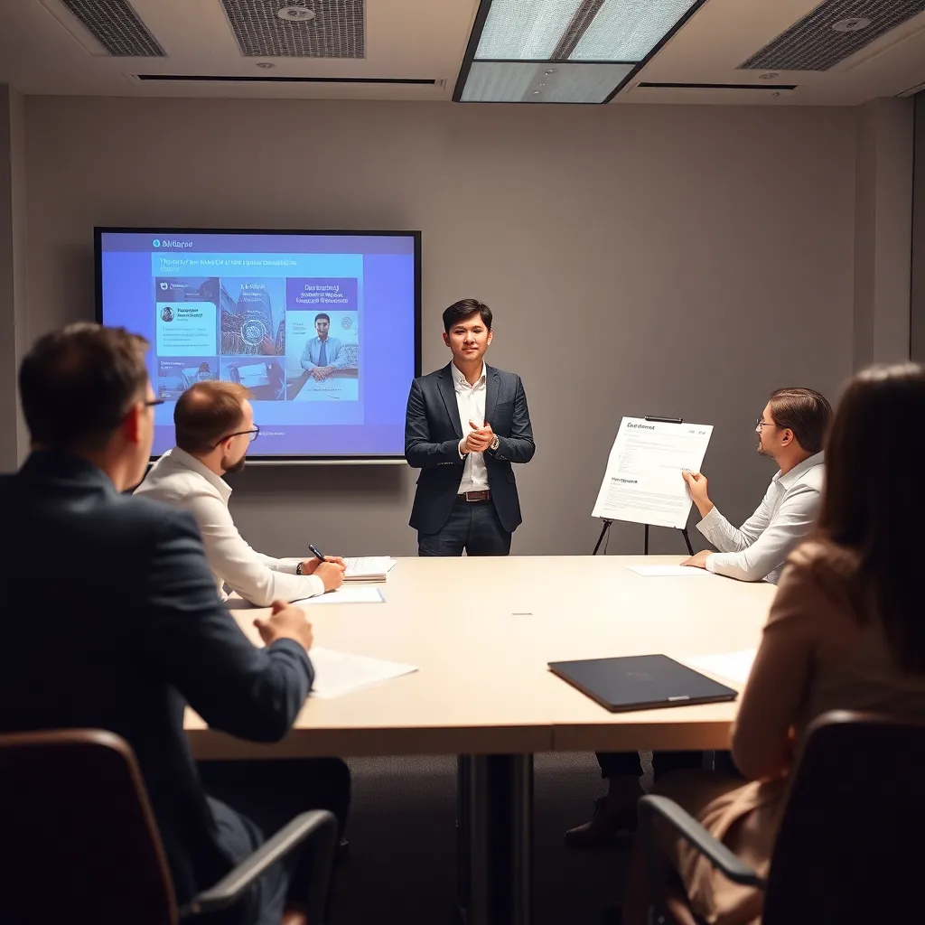 Группа студентов изучает digital-маркетинг в современном классе